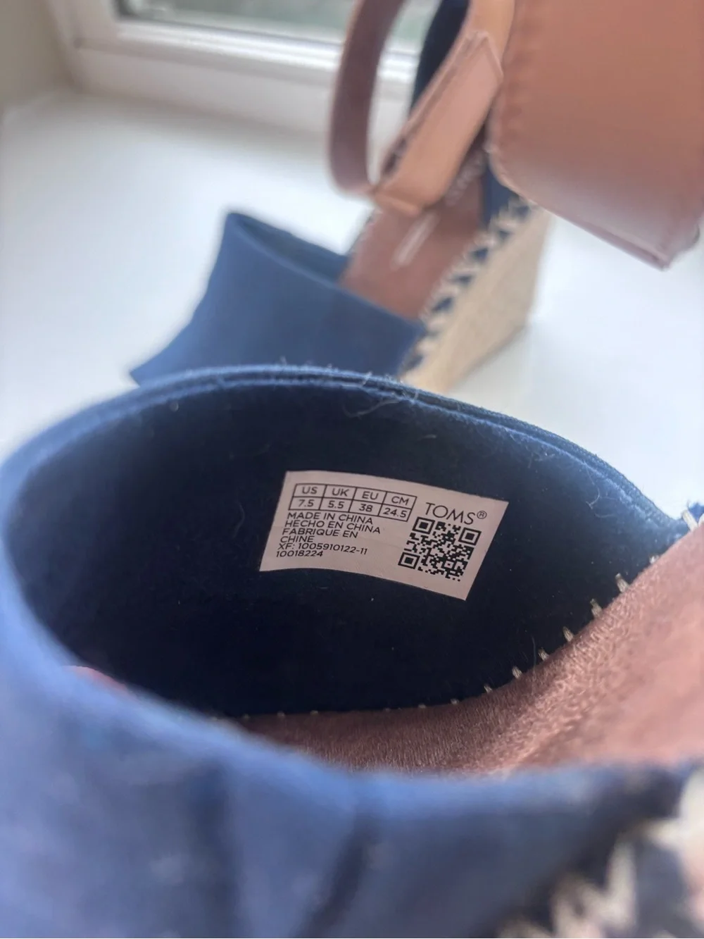 Toms Navy Canvas Espadrille Wedge Sandals with Tan Ankle Straps